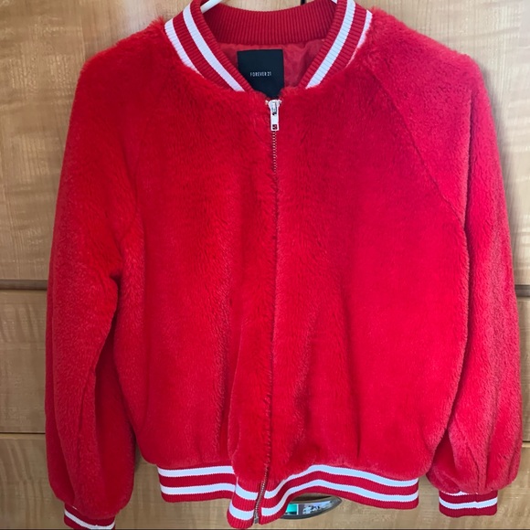 Bright Red Taken Faux Fur Varsity Jacket - Picture 10 of 12